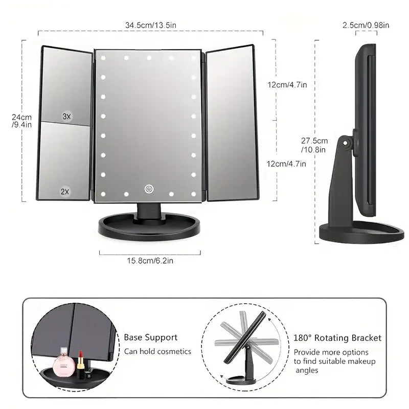 LED Lights 2X 3X Magnification Lighted Makeup Mirror,  Touch Control, Trifold Makeup Mirror, Rechargeable and dimmable light