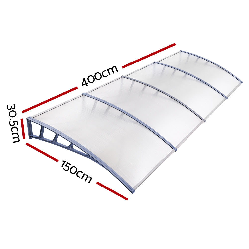 Instahut Window Door Awning Canopy 1.5mx4m Transparent Sheet Grey Plastic Frame-1