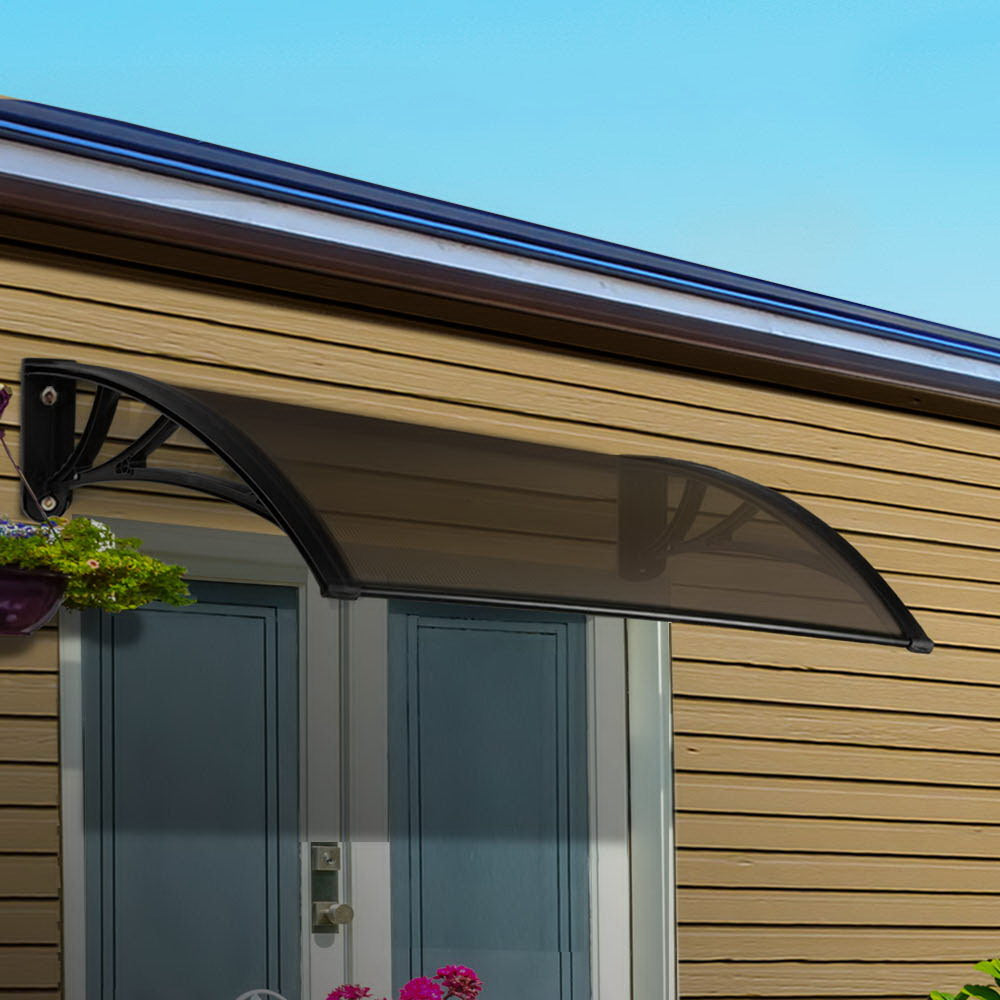 Instahut Window Awning Door Canopy 1m x 4m Brown Sheet Black Plastic Frame-0
