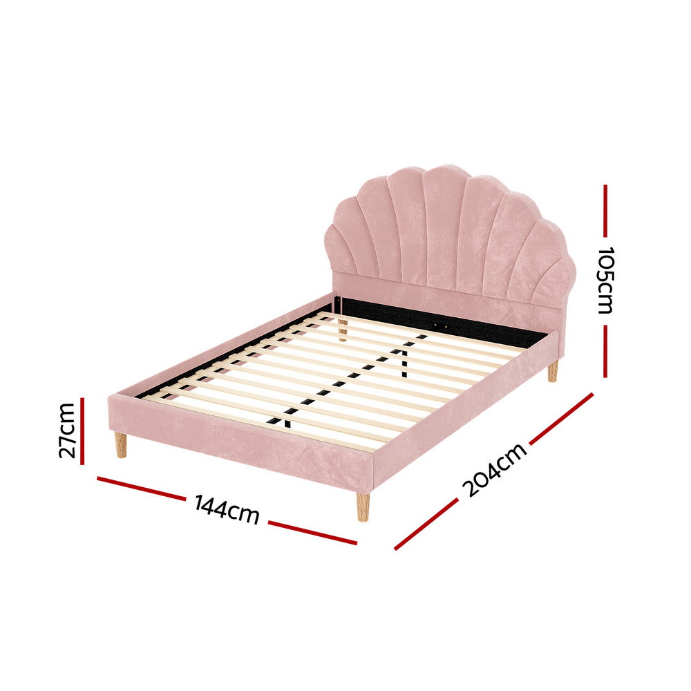 Artiss Bed Frame Double Size Scallop-Shape Bedhead Beds Base Pink Velvet Fabric-1