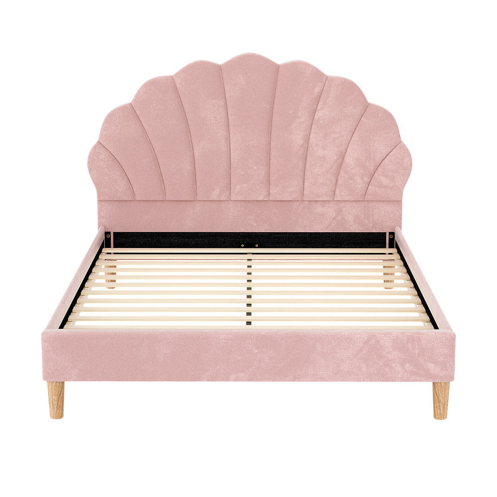 Artiss Bed Frame Double Size Scallop-Shape Bedhead Beds Base Pink Velvet Fabric-2