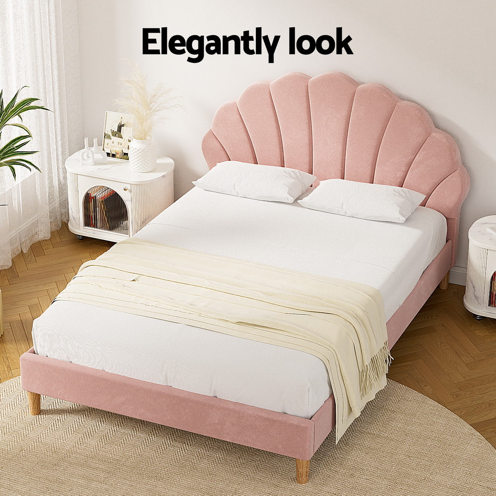 Artiss Bed Frame Double Size Scallop-Shape Bedhead Beds Base Pink Velvet Fabric-3