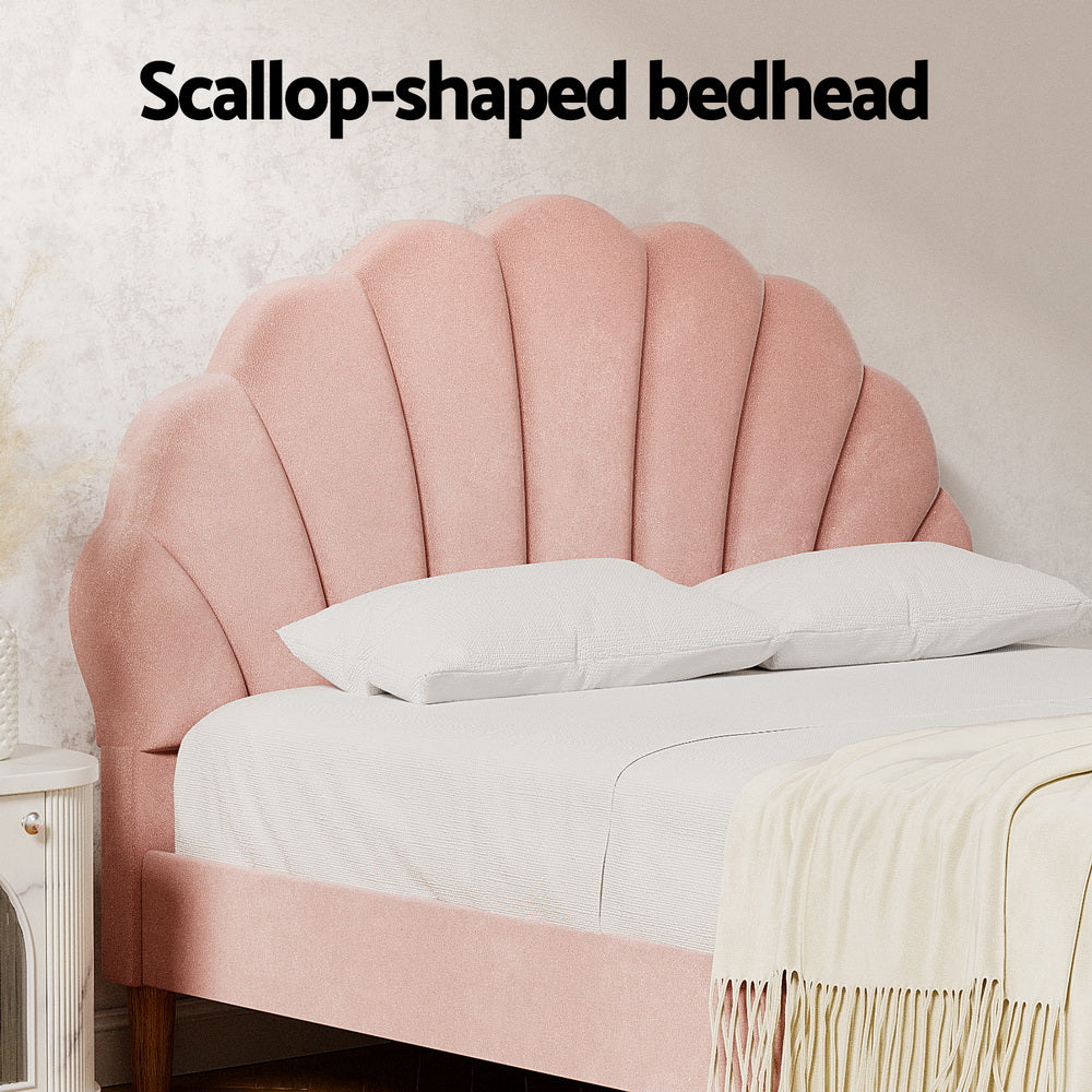 Artiss Bed Frame Double Size Scallop-Shape Bedhead Beds Base Pink Velvet Fabric-4