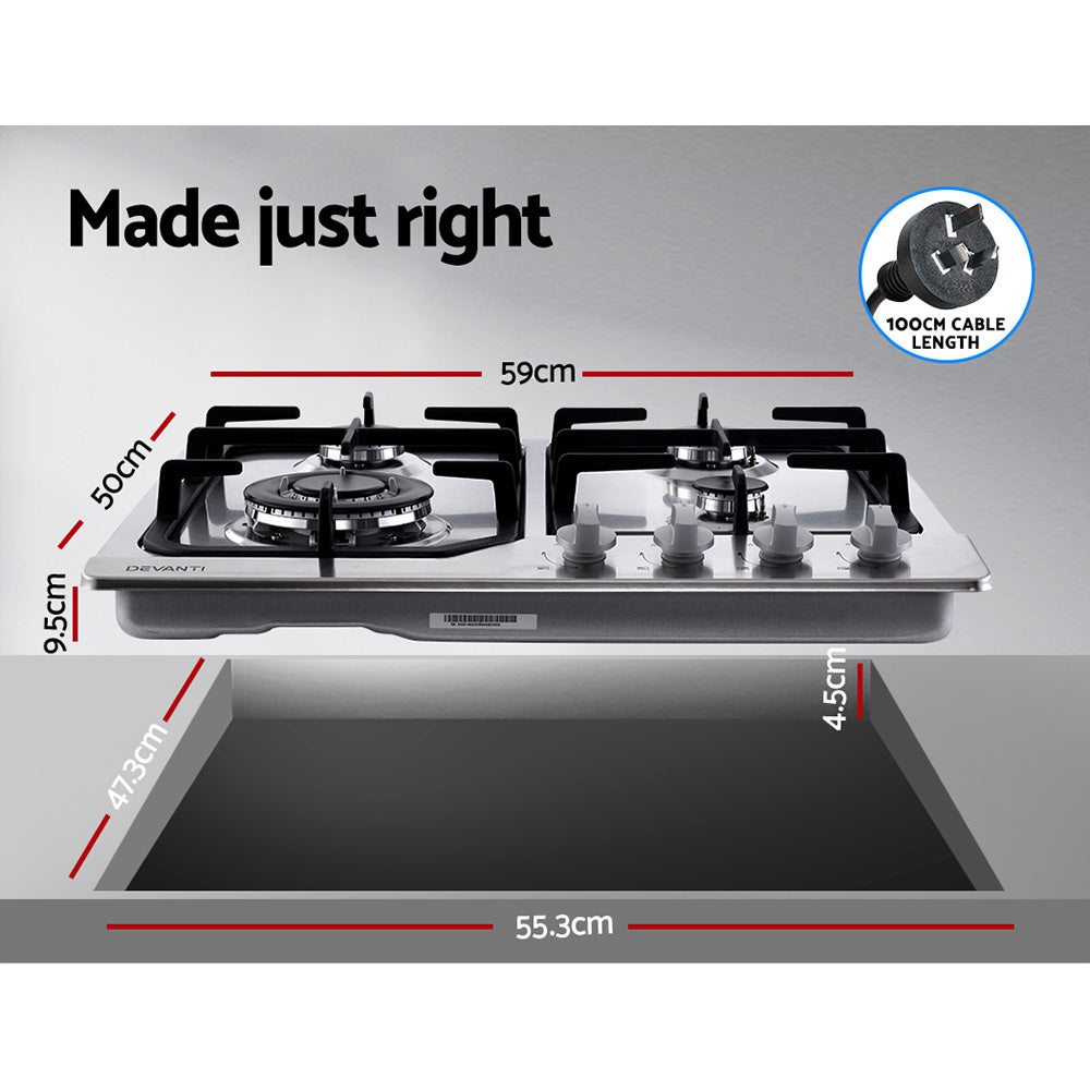 NNEDSZ Gas Cooktop 60cm Gas Stove Cooker 4 Burner Cook Top Konbs NG LPG Steel