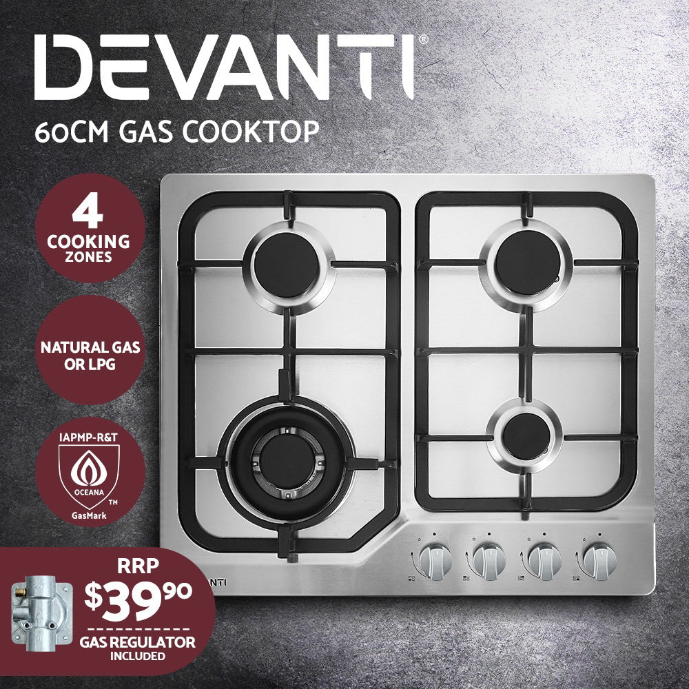 NNEDSZ Gas Cooktop 60cm Gas Stove Cooker 4 Burner Cook Top Konbs NG LPG Steel