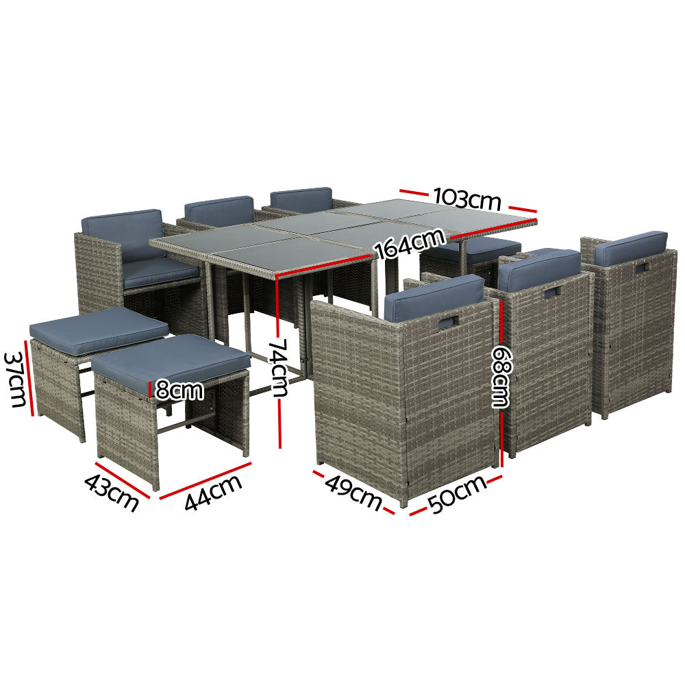 NNEDSZ Gardeon Outdoor Dining Set 11 Piece Wicker Table Chairs Setting Grey