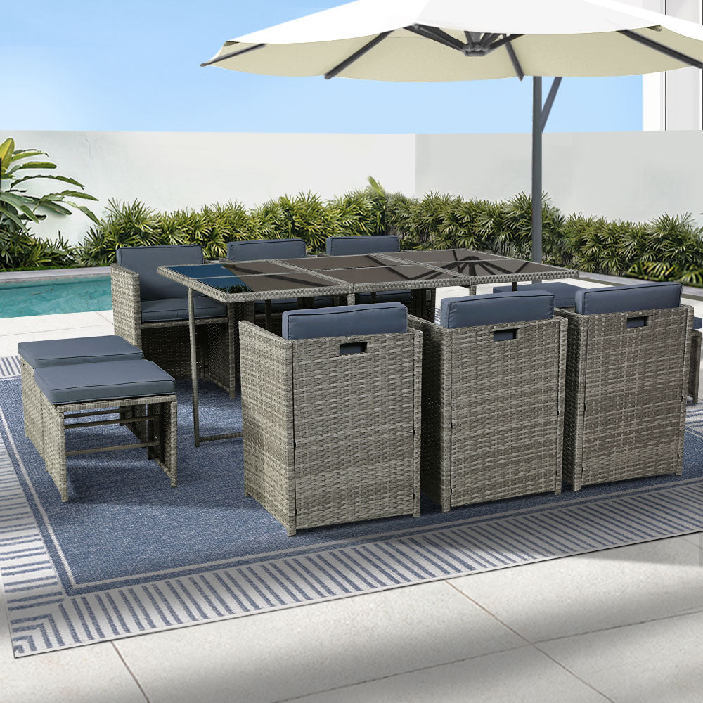 NNEDSZ Gardeon Outdoor Dining Set 11 Piece Wicker Table Chairs Setting Grey