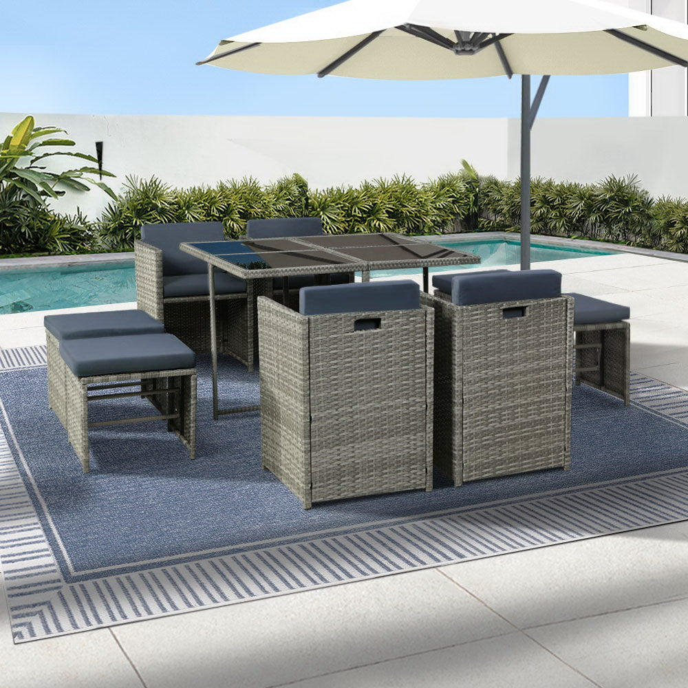 NNEDSZ Gardeon Outdoor Dining Set 9 Piece Wicker Table Chairs Setting Grey