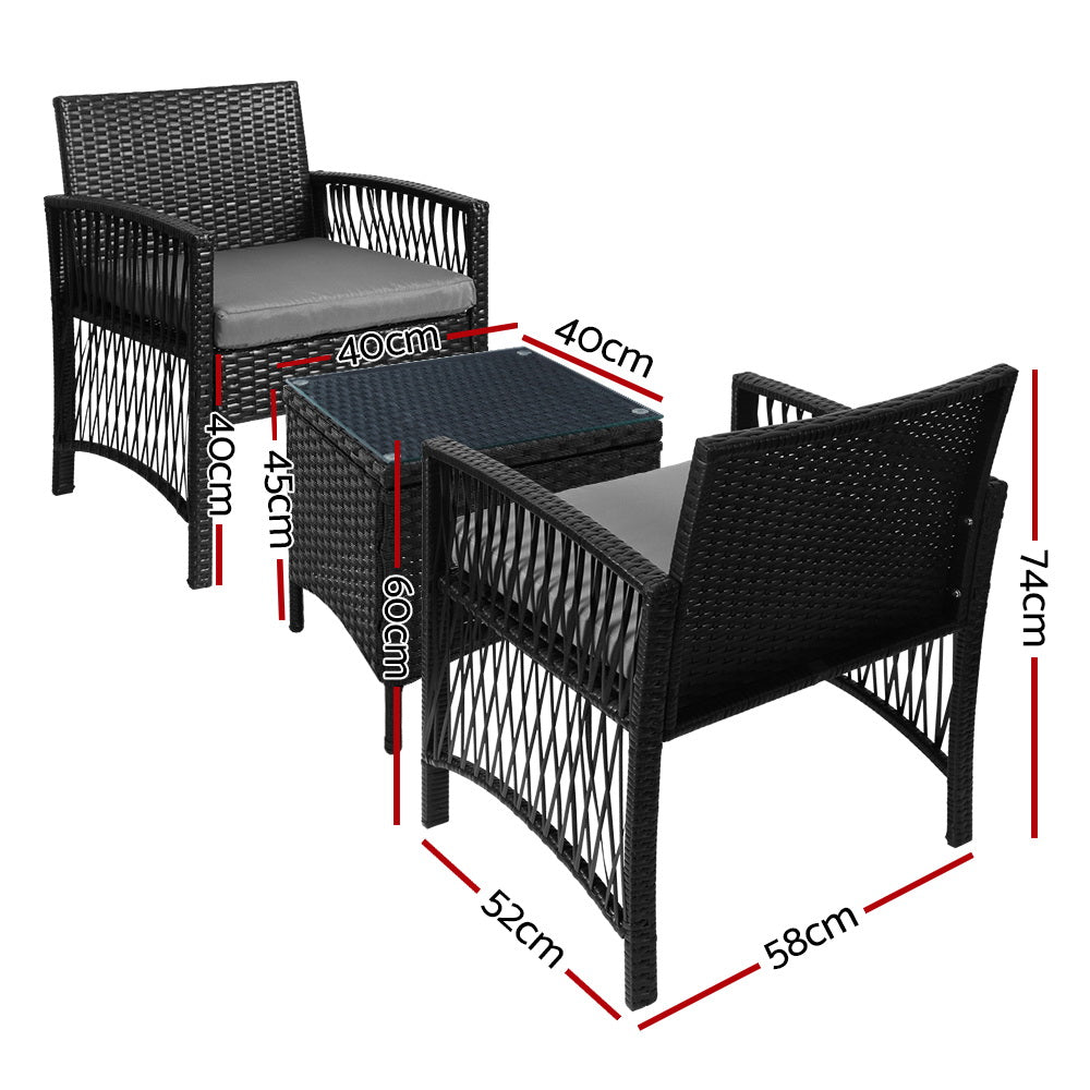 NNEDSZ Gardeon 3PC Outdoor Bistro Set Patio Furniture Wicker Dining Chairs Table Cushion Black