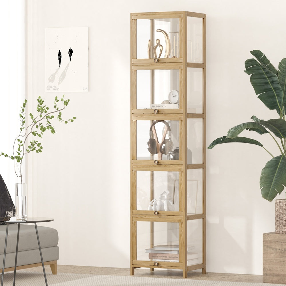 NNEED Display Cabinet Slim 5-Tier Shelves Clear Oak