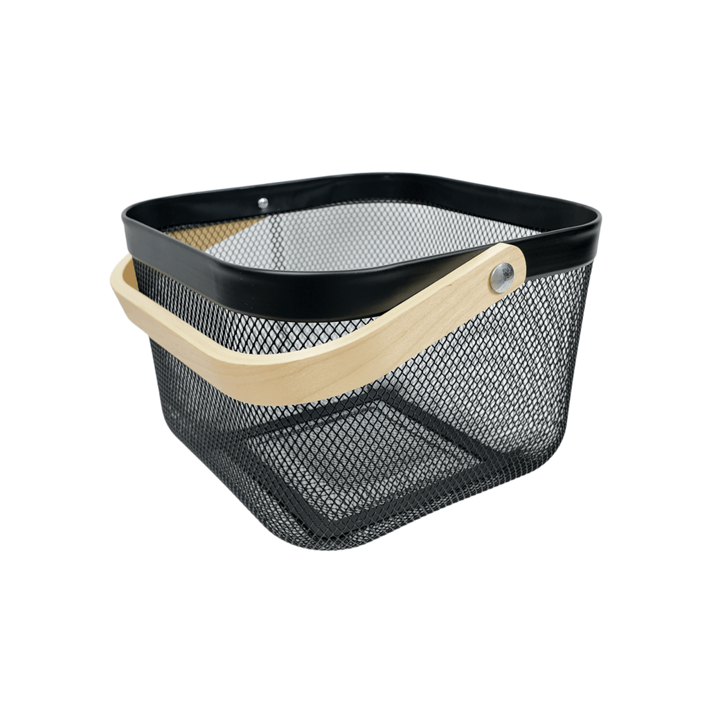 Small Black Mesh Basket with Wooden Handle