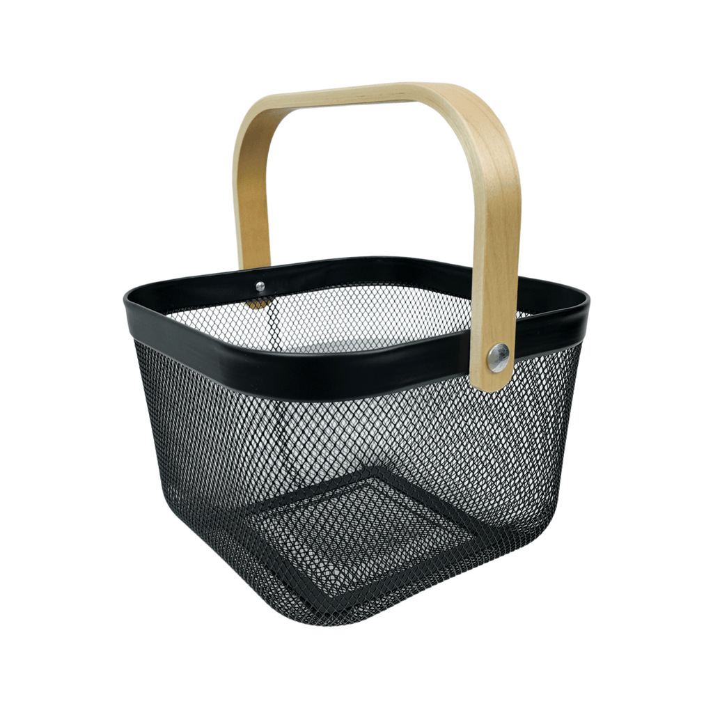 Small Black Mesh Basket with Wooden Handle