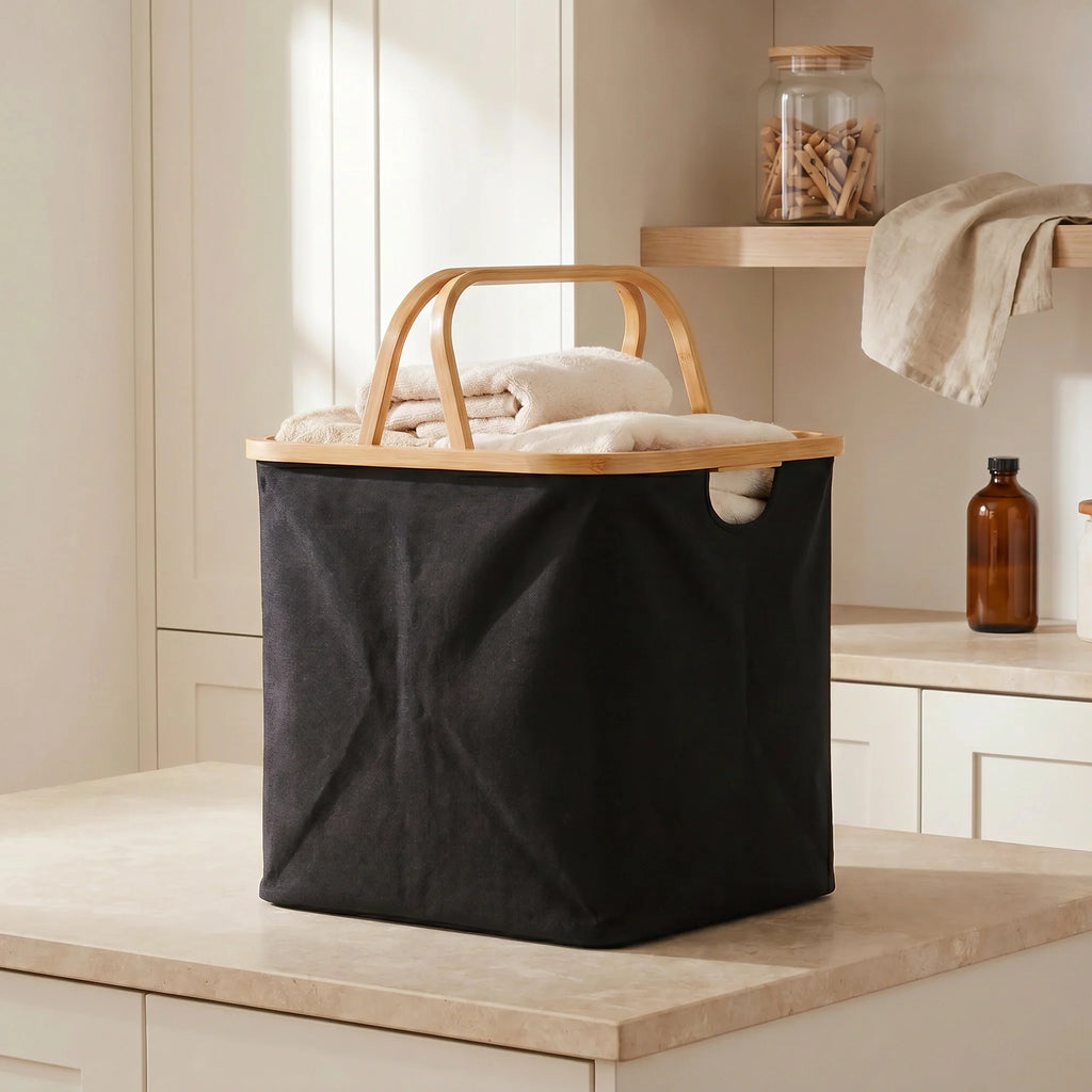 Black Linen Basket with Double Handle-1