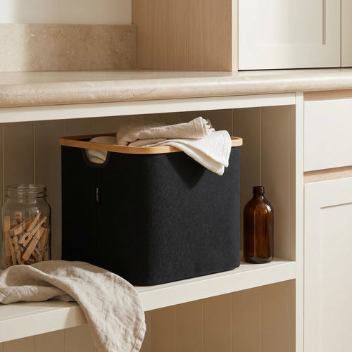 Black Linen Basket with Double Handle-0