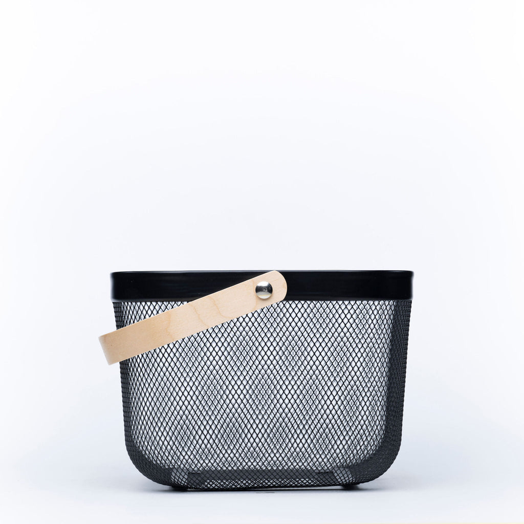 Small Black Mesh Basket with Wooden Handle