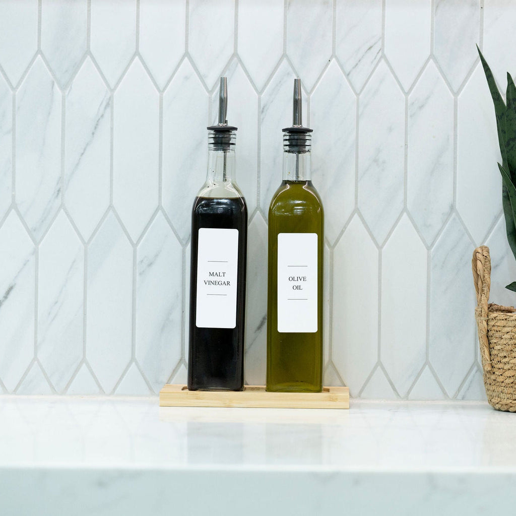 Clear Oil & Vinegar Bottles with Bamboo Tray – 500 ml-1