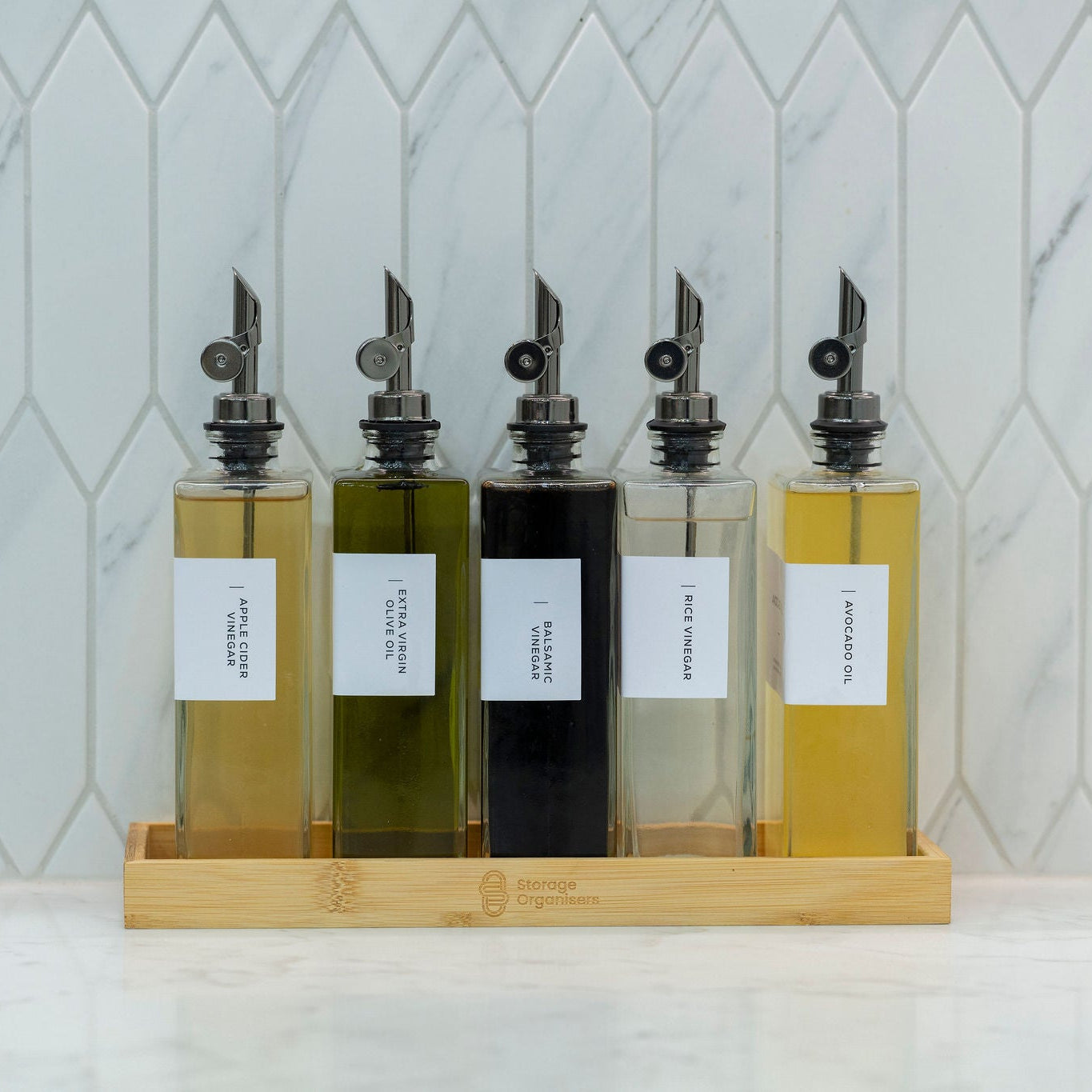Oil & Vinegar Book Bottles with Bamboo Tray – 5 Pack