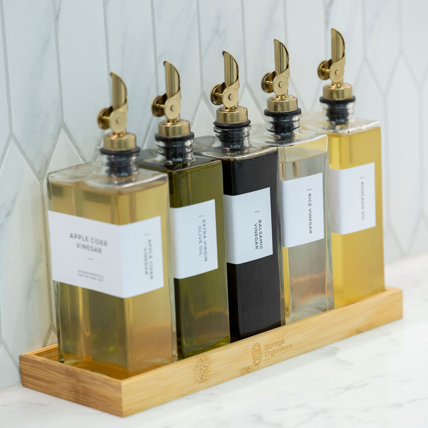 Oil & Vinegar Book Bottles with Bamboo Tray – 5 Pack