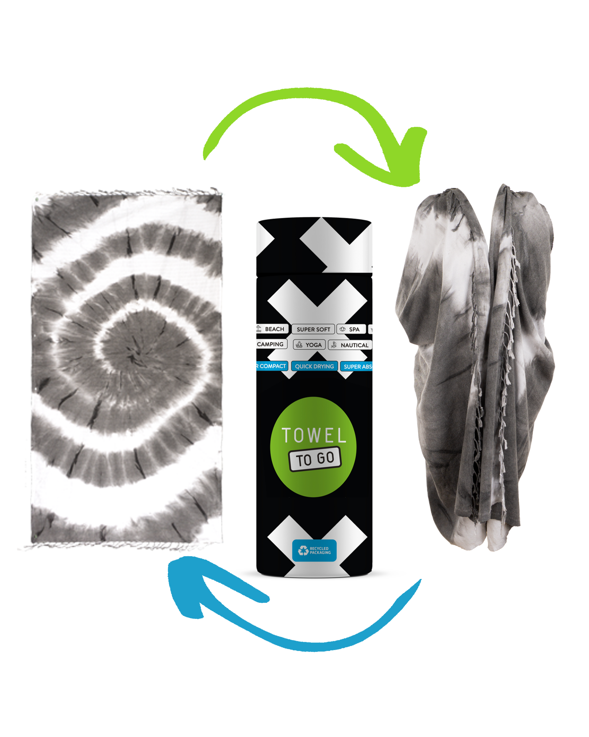 Tie Dye Convertible Towel Kimono with Recycled Gift Box, Black, White-1