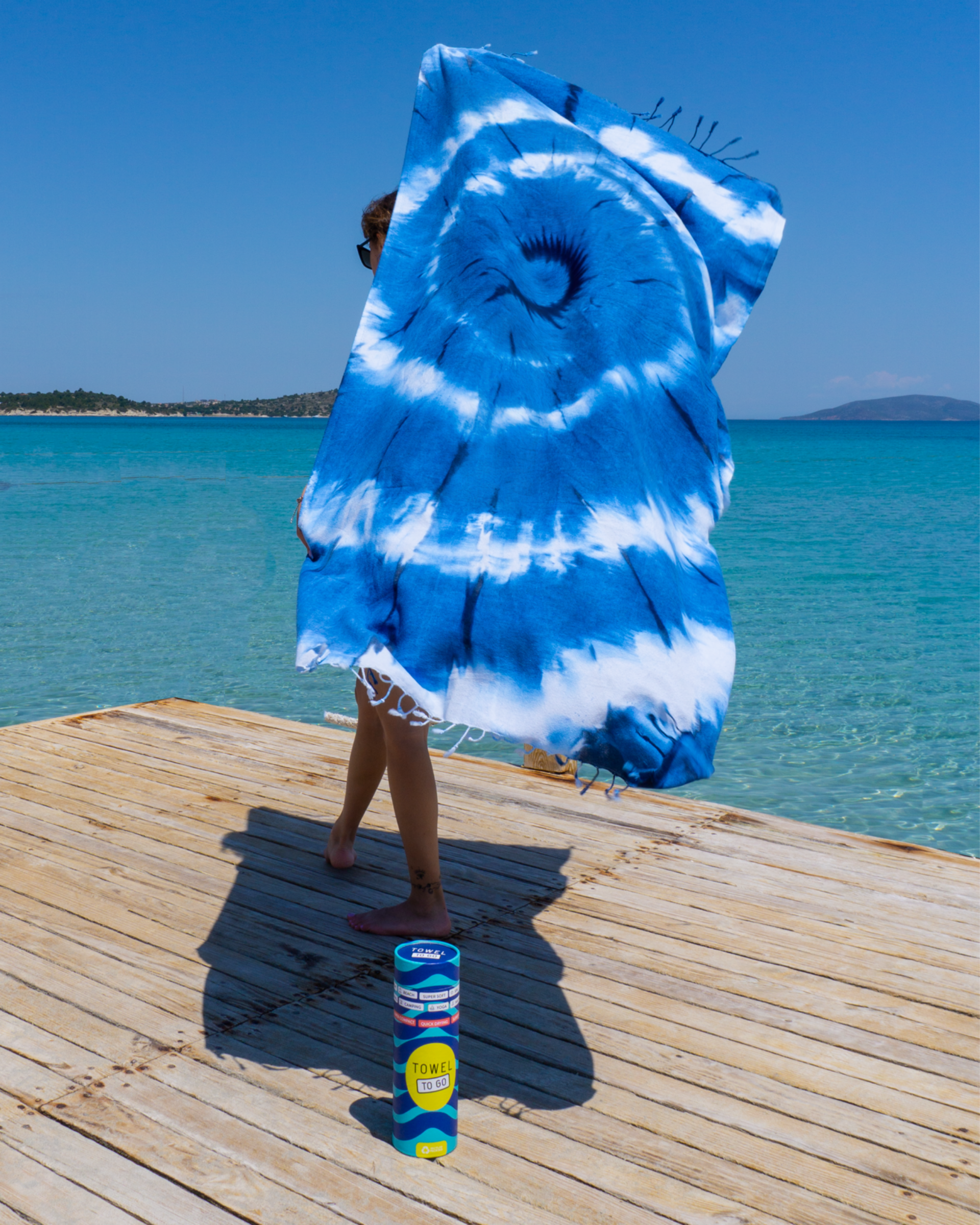 Tie Dye Convertible Towel Kimono with Recycled Gift Box, Blue, White-2
