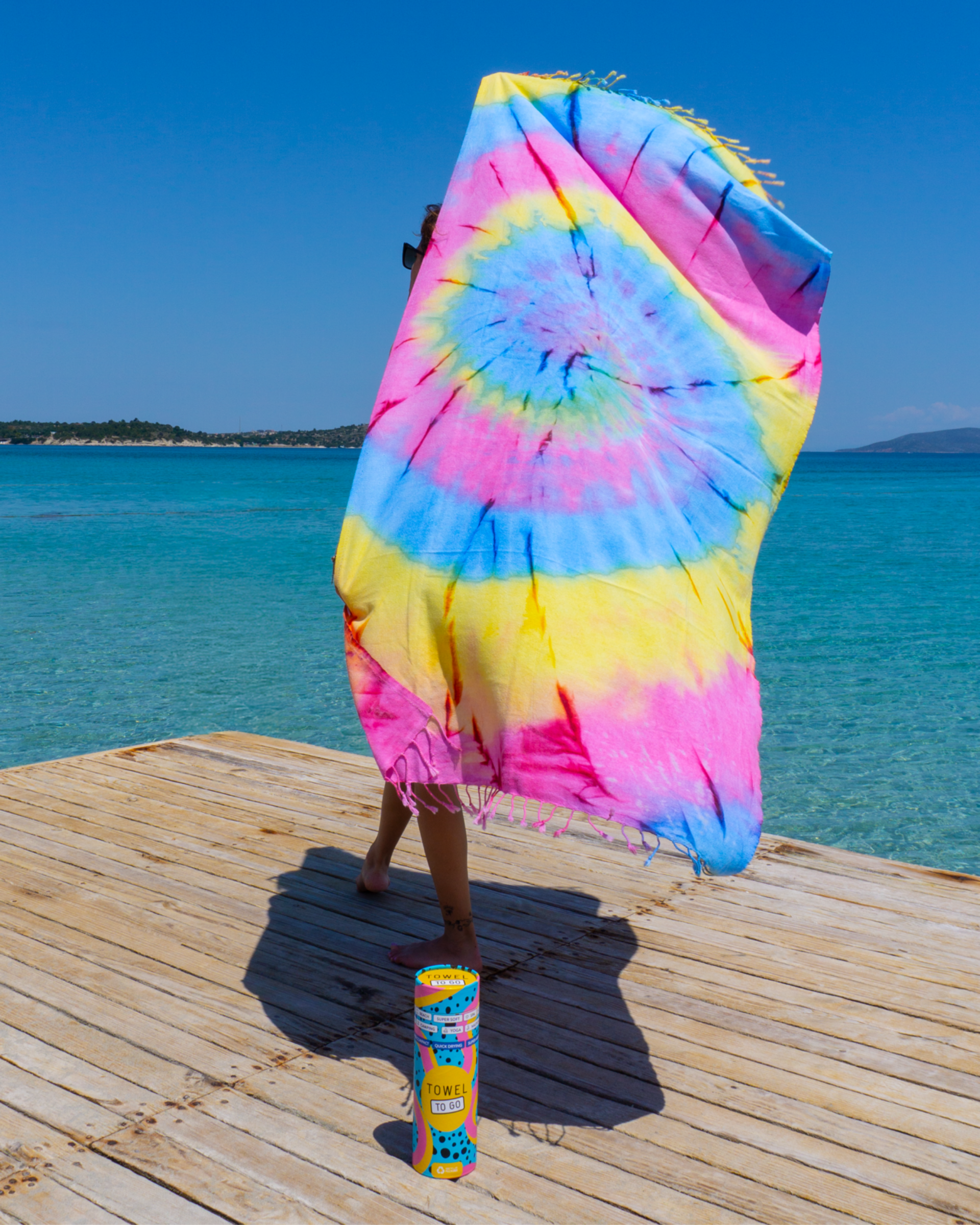 Tie Dye Convertible Towel Kimono with Recycled Gift Box, Blue, Yellow-2