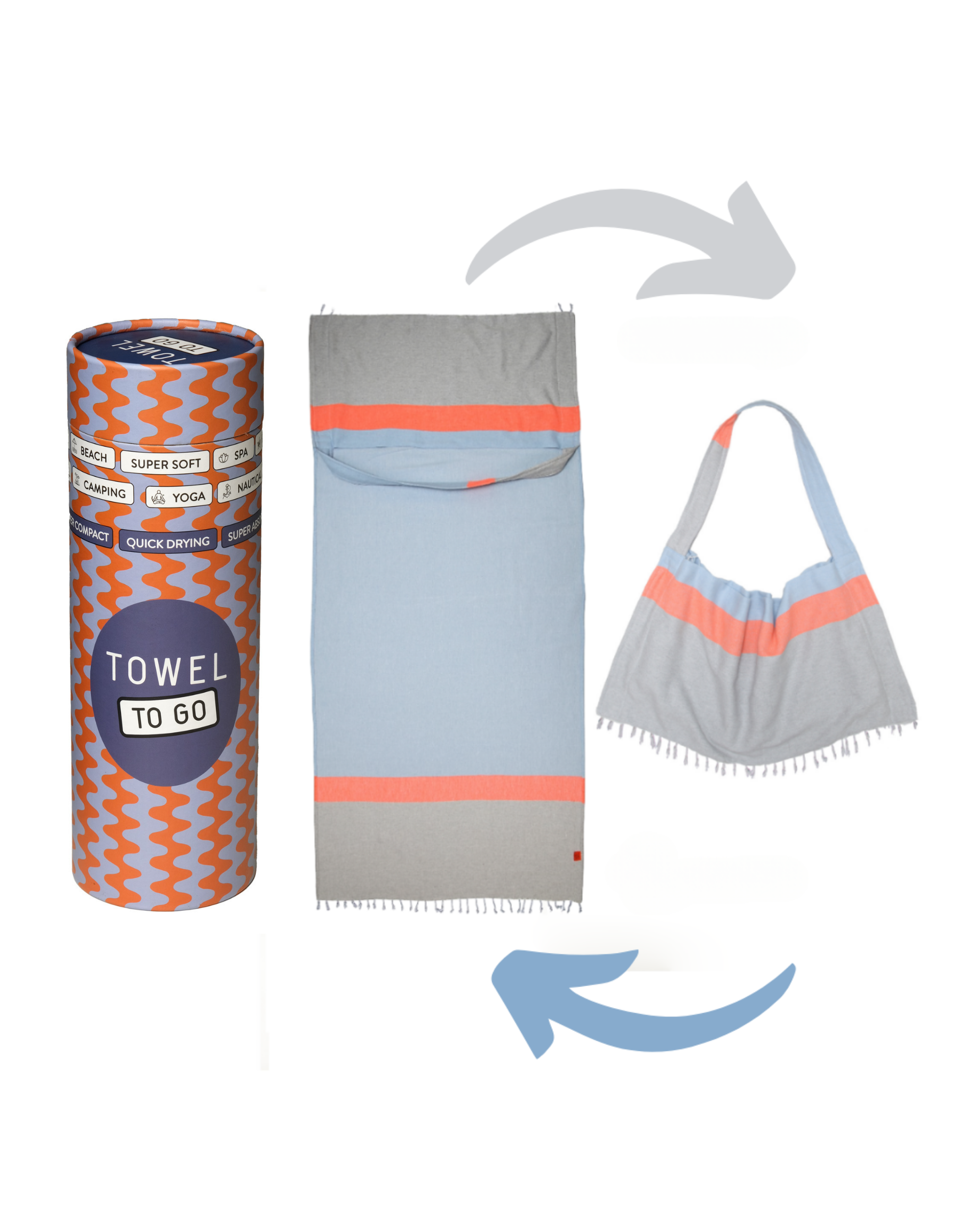 2-in-1 Beach Towel Bag in Baby Blue & Grey – Made from Recycled Cotton-1