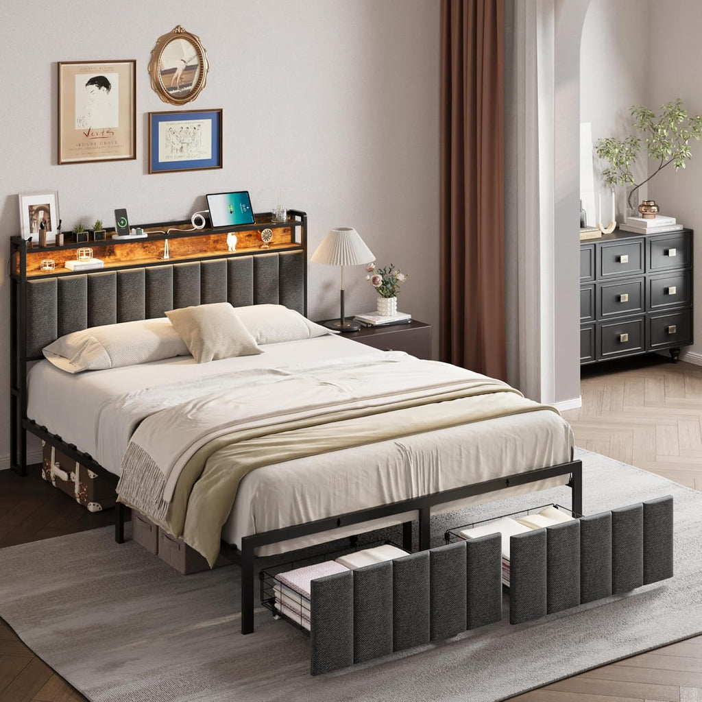 Queen Bed Frame with 2 Storage Drawers and LED Lights Headboard, Upholstered Bed Frame with Charging Station, No Box Spring Needed, Easy Assembly - Grey-0