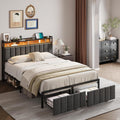 Queen Bed Frame with 2 Storage Drawers and LED Lights Headboard, Upholstered Bed Frame with Charging Station, No Box Spring Needed, Easy Assembly - Grey-0