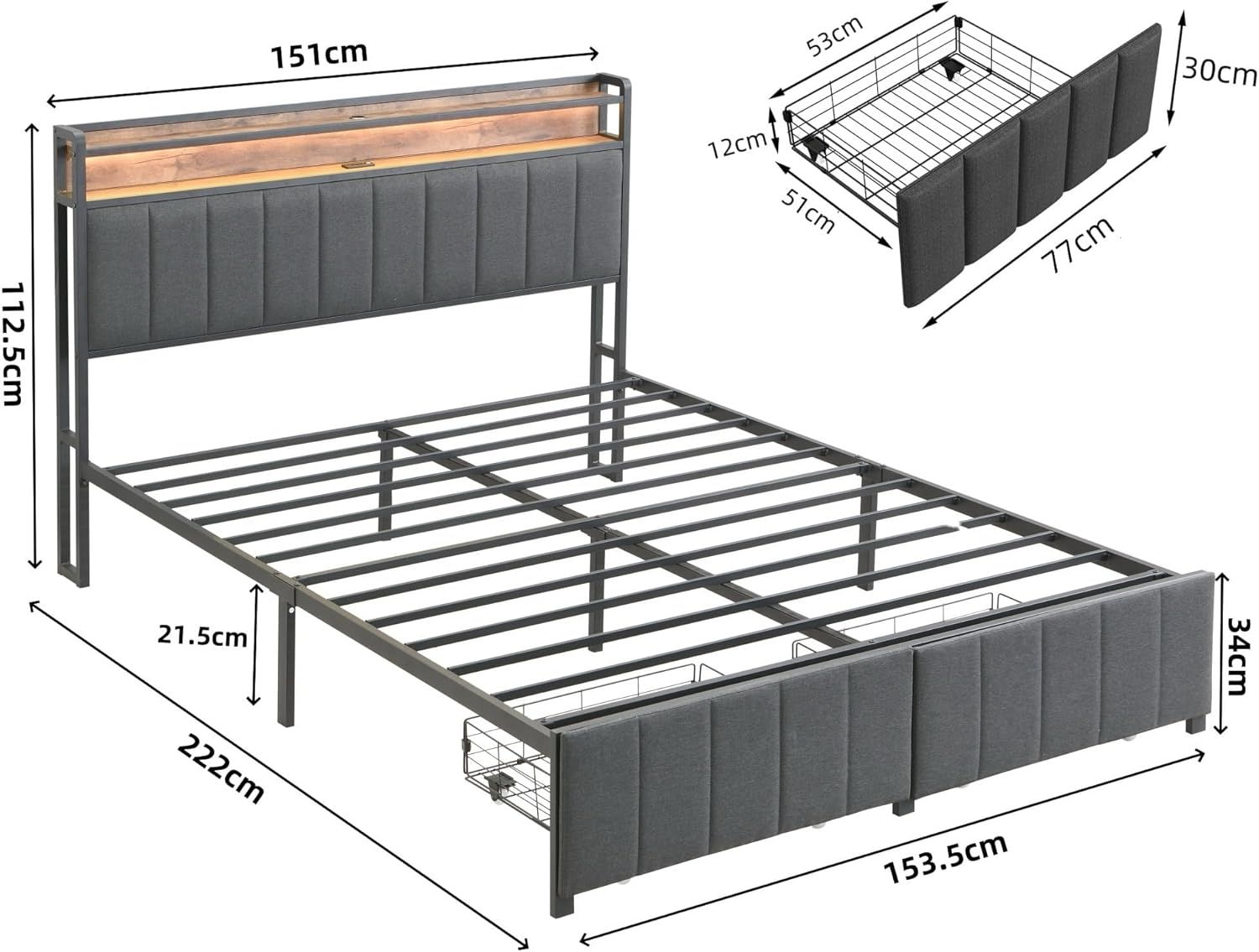 Queen Bed Frame with 2 Storage Drawers and LED Lights Headboard, Upholstered Bed Frame with Charging Station, No Box Spring Needed, Easy Assembly - Grey-1