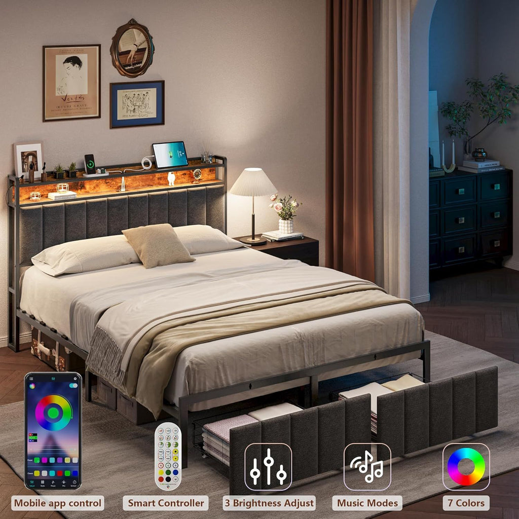 Queen Bed Frame with 2 Storage Drawers and LED Lights Headboard, Upholstered Bed Frame with Charging Station, No Box Spring Needed, Easy Assembly - Grey-2