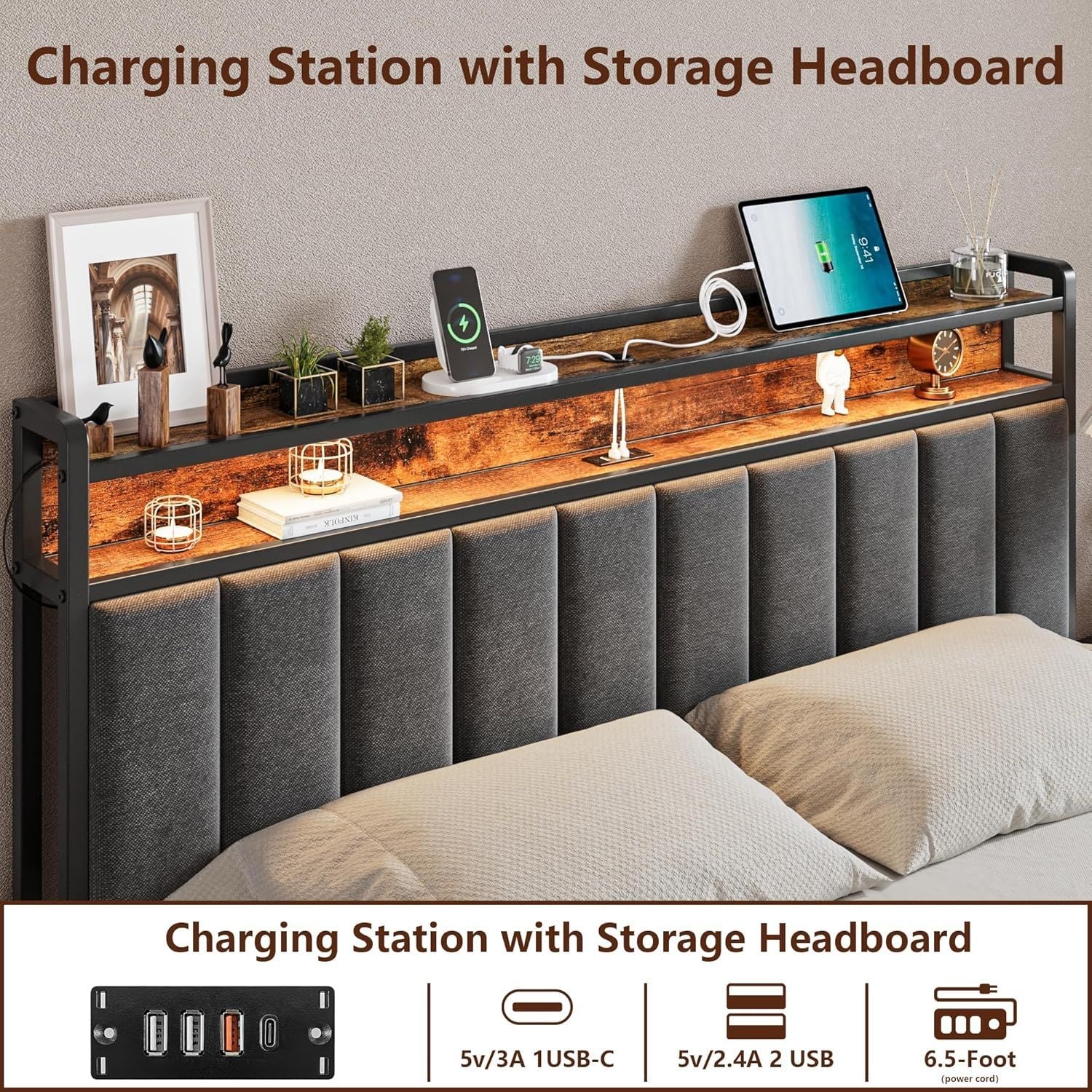 Queen Bed Frame with 2 Storage Drawers and LED Lights Headboard, Upholstered Bed Frame with Charging Station, No Box Spring Needed, Easy Assembly - Grey-3