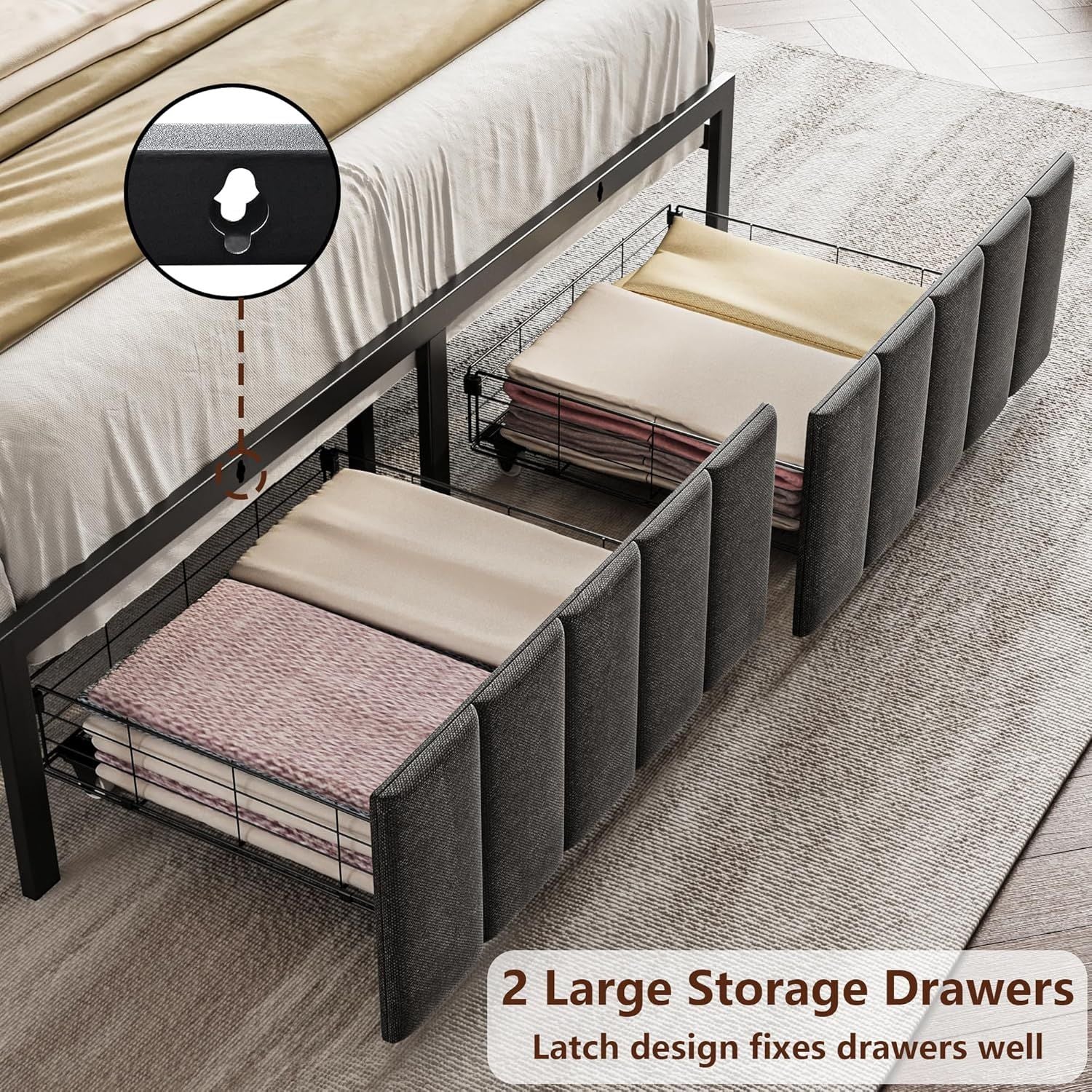 Queen Bed Frame with 2 Storage Drawers and LED Lights Headboard, Upholstered Bed Frame with Charging Station, No Box Spring Needed, Easy Assembly - Grey-4