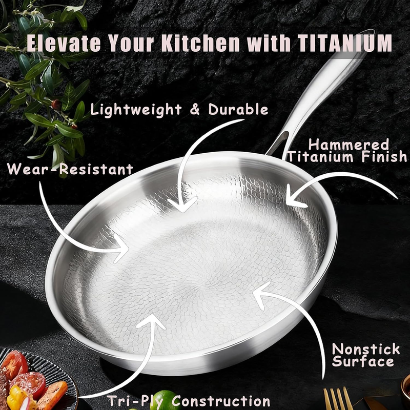 Titanium Pan,100% Non-toxic Titanium Pan,Non Stick Chemical-Free,Extreme Heat-Resistant & Lasts a Lifetime,Non-Stick Skillet for Home Use, Induction Cooktops And Gas Stoves for Omelettes Steaks 26cm-4
