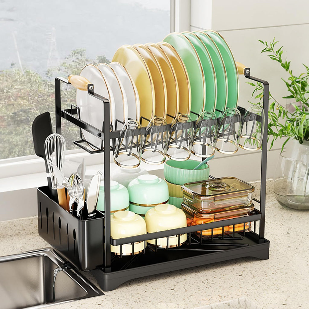 CARLA HOME 2-Tier Large Dish Drying Rack with Drainboard, Utensil Holder, Glass Hooks & Cutlery Storage (Black)-0