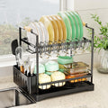 CARLA HOME 2-Tier Large Dish Drying Rack with Drainboard, Utensil Holder, Glass Hooks & Cutlery Storage (Black)-0