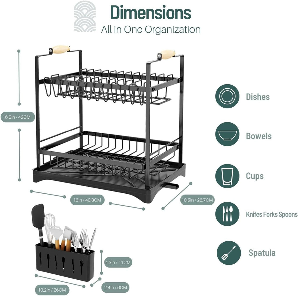 CARLA HOME 2-Tier Large Dish Drying Rack with Drainboard, Utensil Holder, Glass Hooks & Cutlery Storage (Black)-1