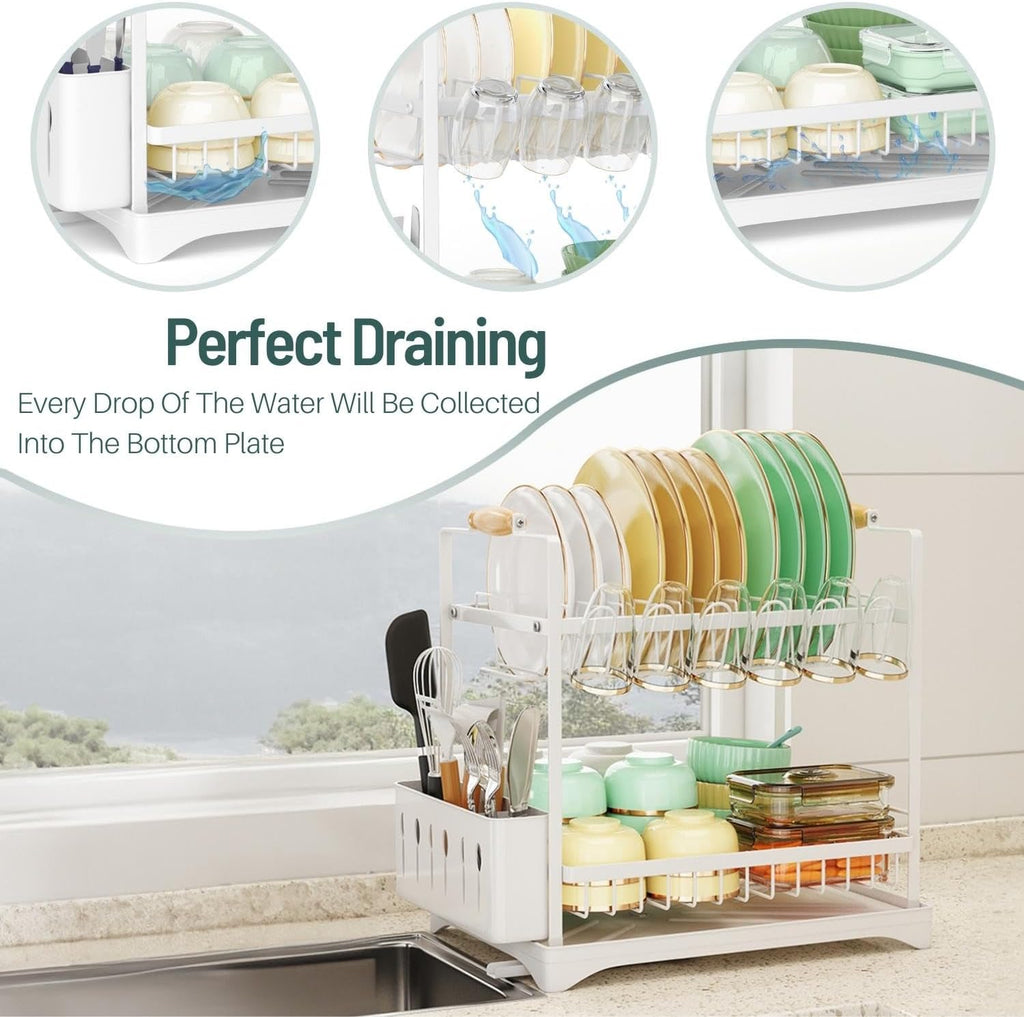 CARLA HOME 2-Tier Large Dish Drying Rack with Drainboard, Utensil Holder, Glass Hooks & Cutlery Storage (Black)-4