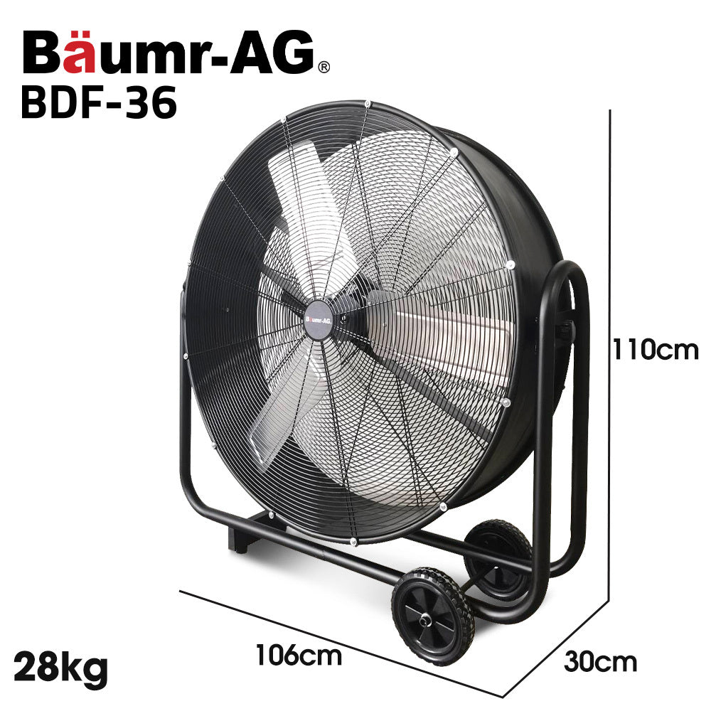 BAUMR-AG 36" 914mm Industrial Mobile Floor Drum Fan, 290W Brushless Motor, Tilting, Large, Commercial, Heavy-duty Frame, EESS Certified-1