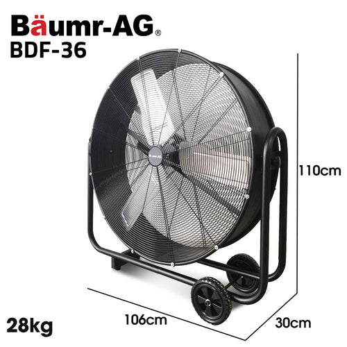 BAUMR-AG 36" 914mm Industrial Mobile Floor Drum Fan, 290W Brushless Motor, Tilting, Large, Commercial, Heavy-duty Frame, EESS Certified-1