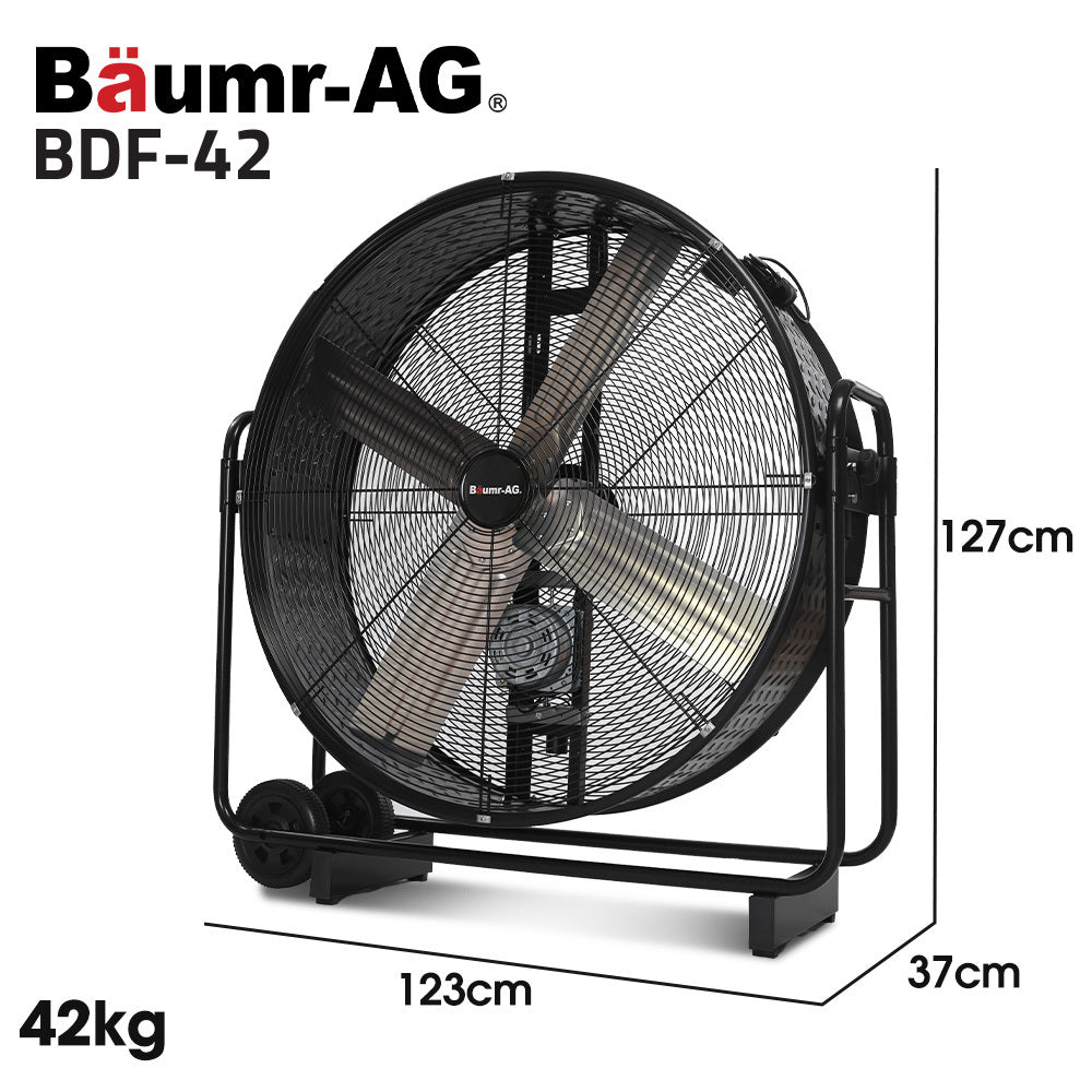 BAUMR-AG 42" 1067mm 660W Industrial Mobile Floor Drum Fan, Belt Drive, Tilting, Large, Commercial,  Heavy-duty Frame, EESS Certified-1