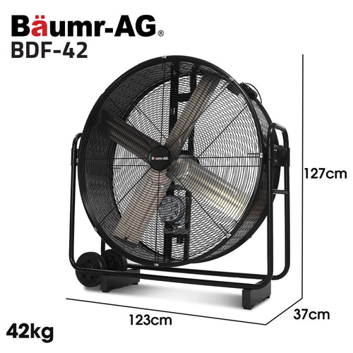 BAUMR-AG 42" 1067mm 660W Industrial Mobile Floor Drum Fan, Belt Drive, Tilting, Large, Commercial,  Heavy-duty Frame, EESS Certified-1