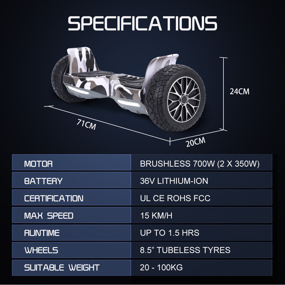 NNEDSZ BULLET SX-4000 Hoverboard Scooter, 8.5" Wheels, 700W Brushless, Superior Self Balancing System, UL Certified, LED Lights, Carry Bag, Camo