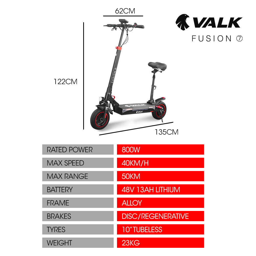 NNEDSZ VALK Fusion 7 Electric Scooter with Seat option 800W 48V 13Ah Lithium 50km Range Quad Shocks 10 inch Tyres