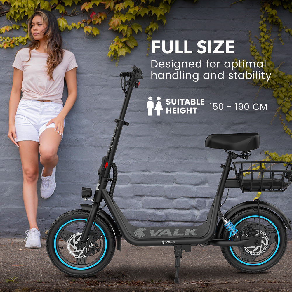 NNEDSZ VALK Elektroroller mit Sitz, 30 km Reichweite, Scheibenbremsen, 14" Reifen, Motorisierter E-Scooter für Erwachsene, Jugendliche, Pendler