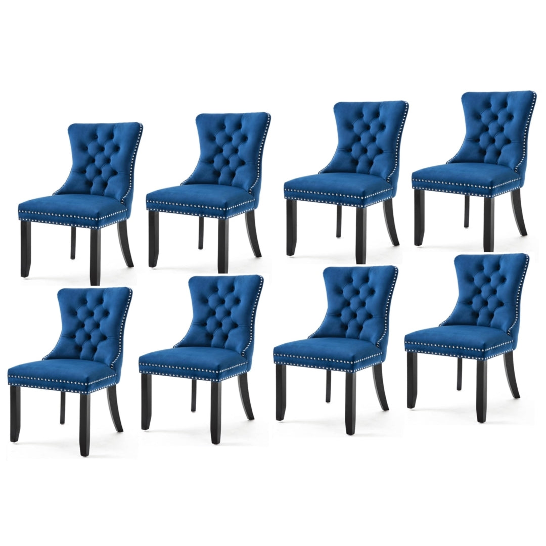 8x Velvet Dining Chairs Upholstered Tufted Kithcen Chair with Solid Wood Legs Stud Trim and Ring-Blue-0