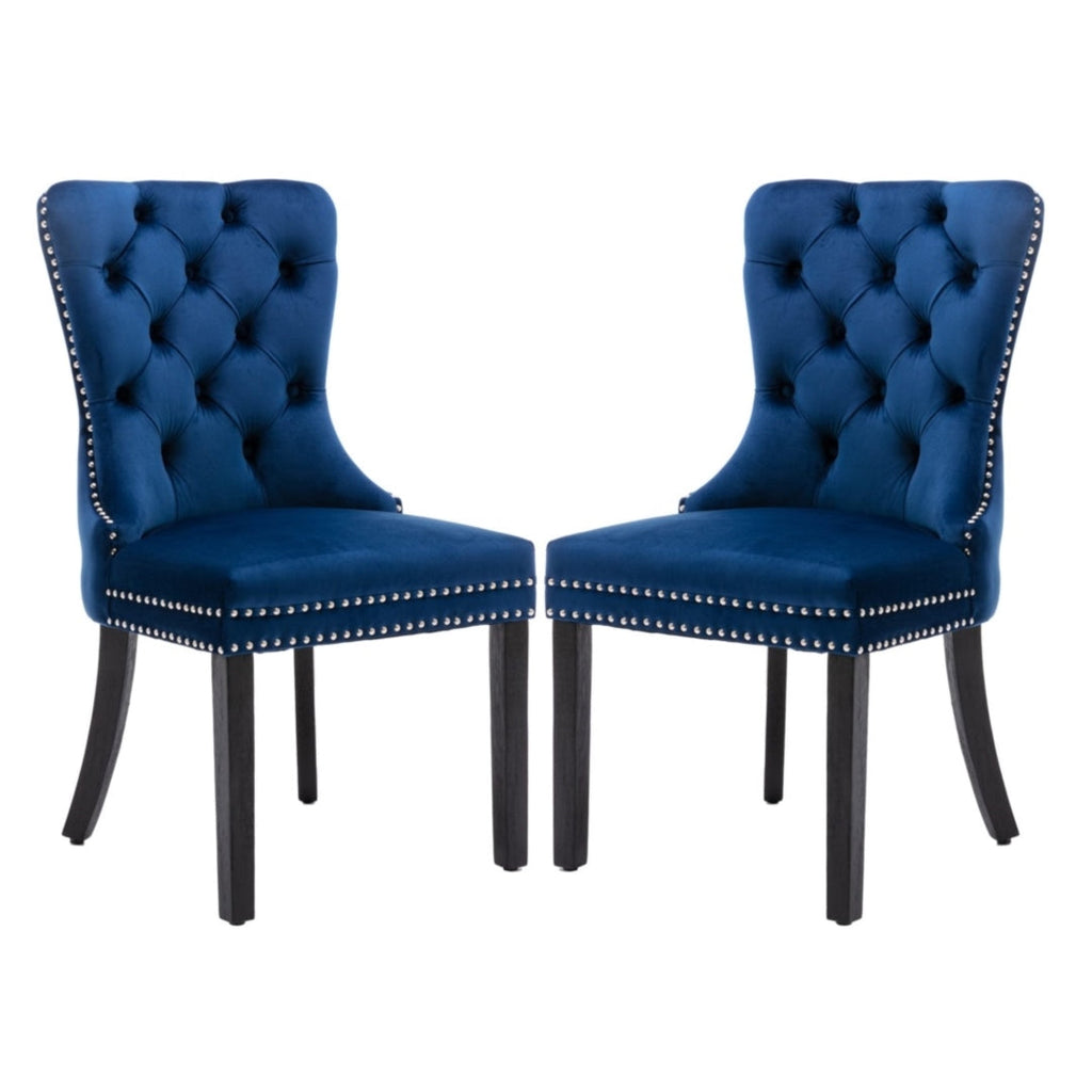 8x Velvet Dining Chairs Upholstered Tufted Kithcen Chair with Solid Wood Legs Stud Trim and Ring-Blue-1
