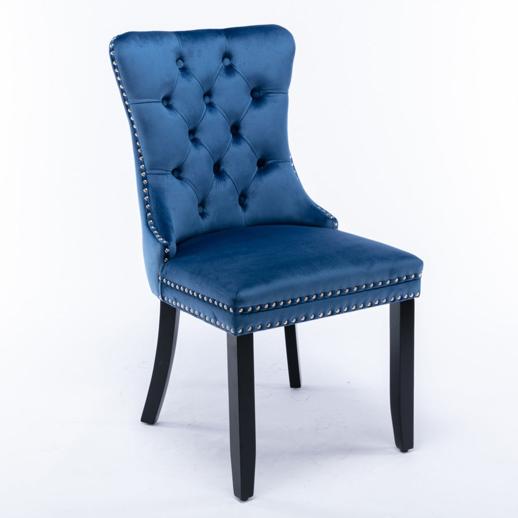 8x Velvet Dining Chairs Upholstered Tufted Kithcen Chair with Solid Wood Legs Stud Trim and Ring-Blue-2