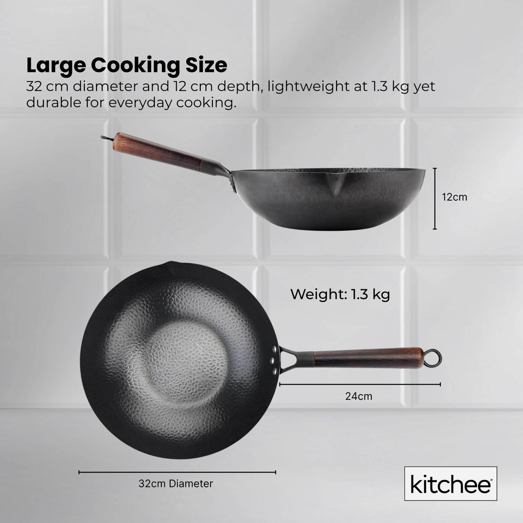 Kitchee 32cm Carbon Steel Wok Set Flat Bottom with Wood Lid + Spatula - Induction Ready-4