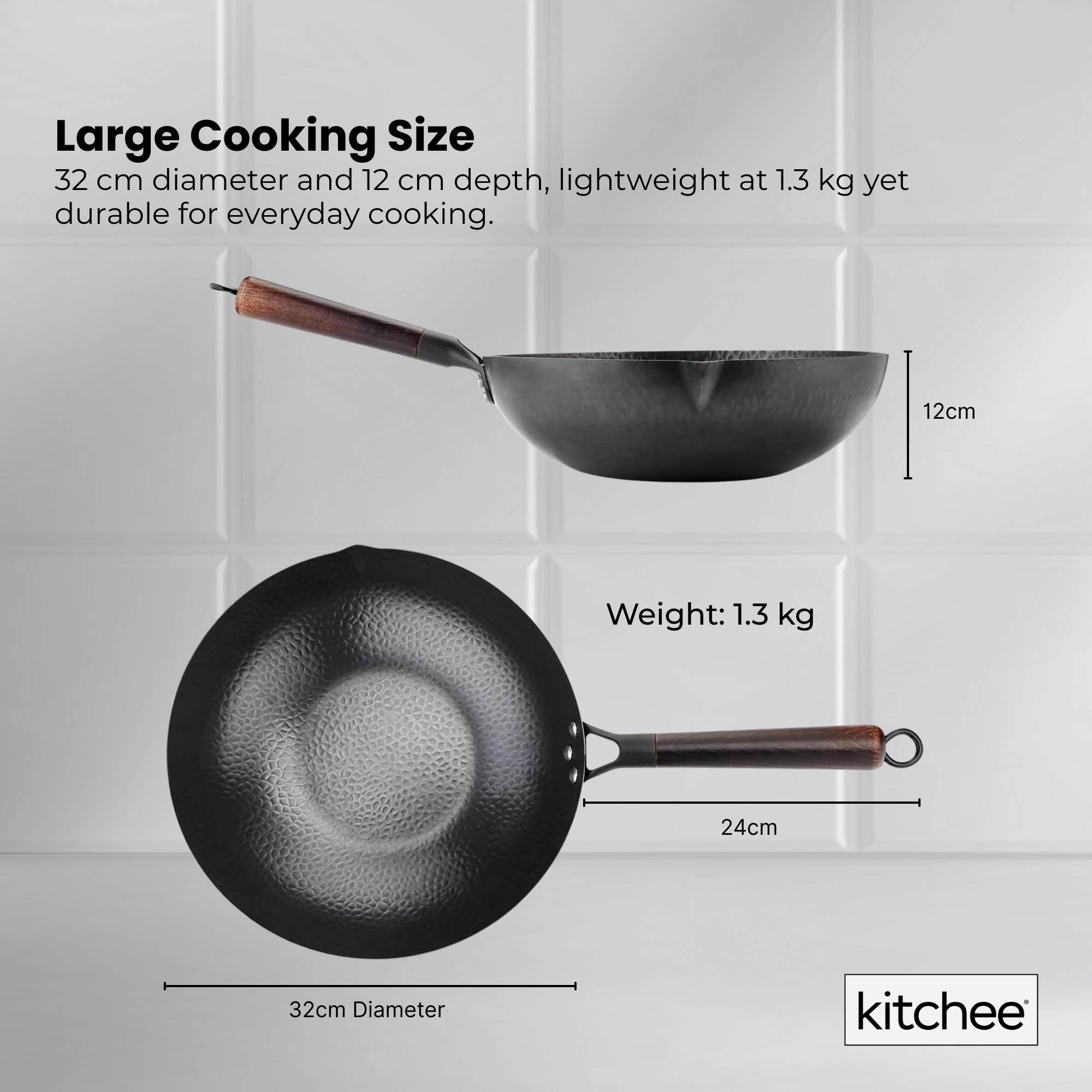 Kitchee 32cm Carbon Steel Wok Set Flat Bottom with Wood Lid + Spatula - Induction Ready-4
