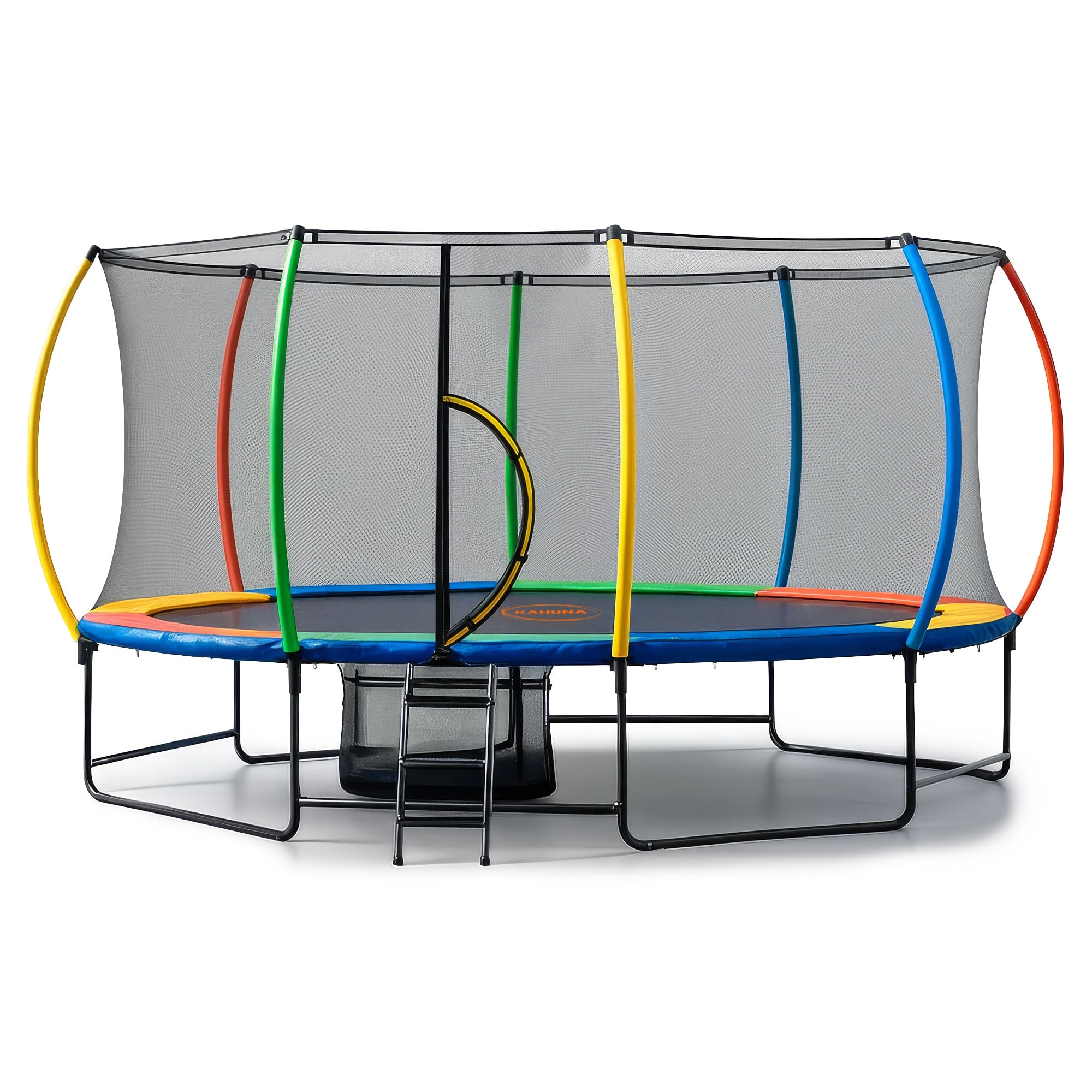 Kahuna 10 ft x 15 ft Oval Outdoor Trampoline with Reversible Rainbow & Orange Safety Pad Safety Net and Ladder-0